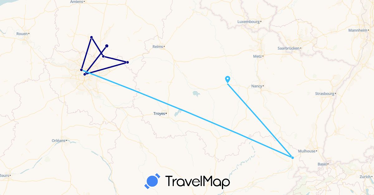 TravelMap itinerary: driving, boat in Cameroon, France (Africa, Europe)